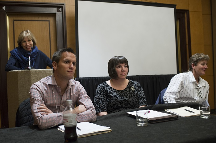 The session “The LGBTQ Historians Task Force Report: Where Do We Go from Here?” at the 2016 annual meeting. From left: Mary Louise Roberts, Nicholas L. Syrett, La Shonda Mims, and Leisa D. Meyer. Marc Monaghan 
